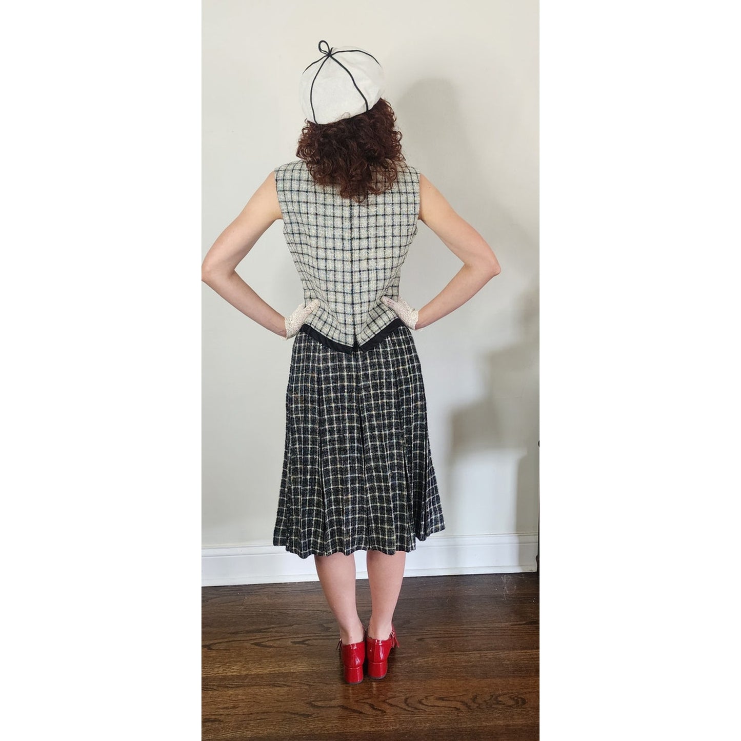 Vintage 1960s Mod Suit Pleated Midi Skirt + Top Gray Black Wool Tweed Geometric Schoolgirl