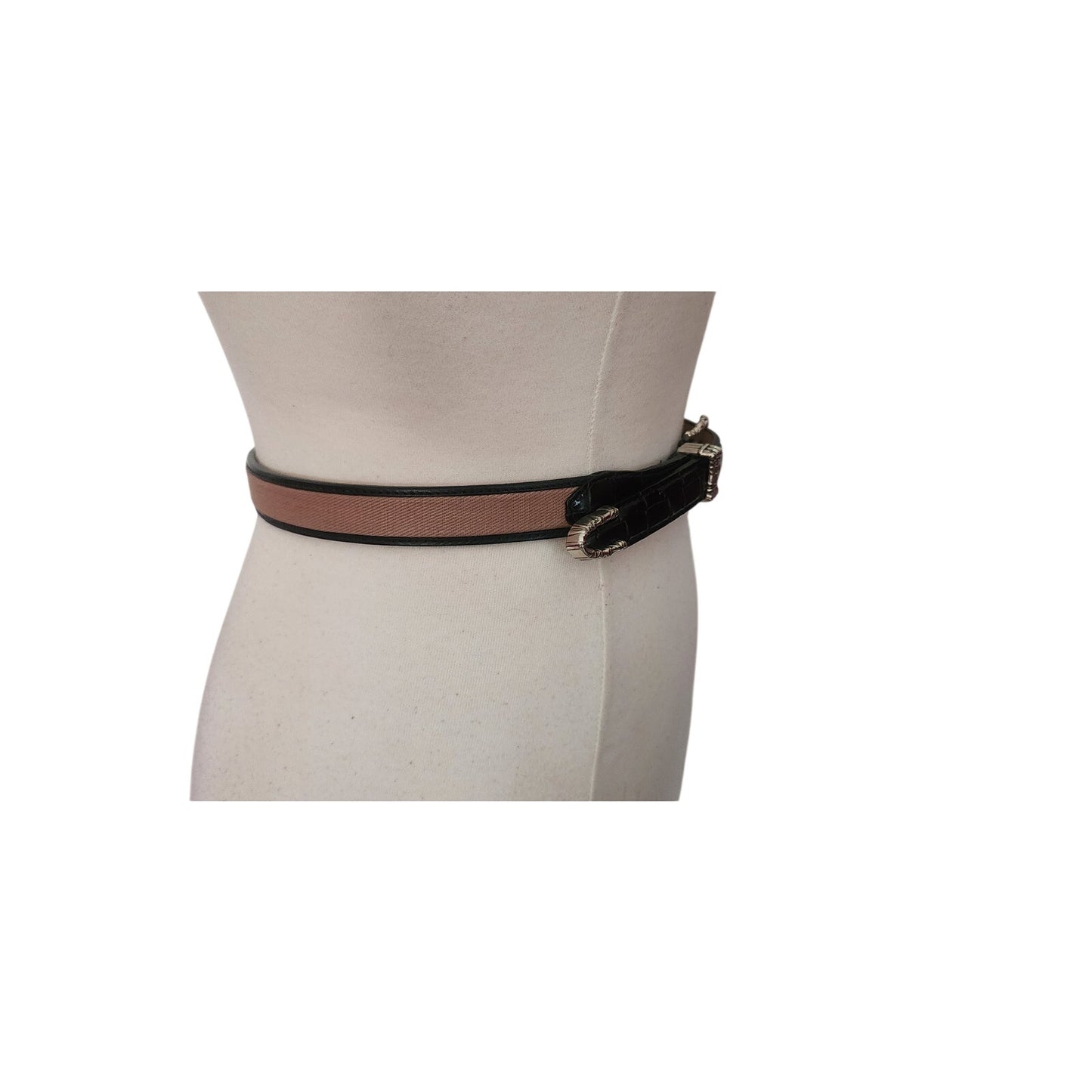 Vintage 1990s Brighton Leather Belt Black Leahter Beige Canvas Silver Buckle 28
