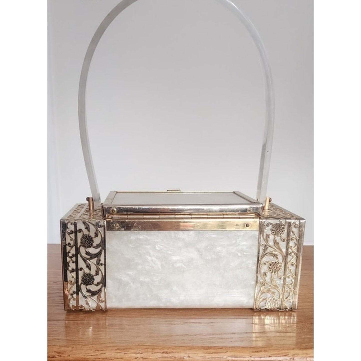 Vintage 50s TYROLEAN NY Lucite Box Bag Pearl White Silver Filigree Art Deco