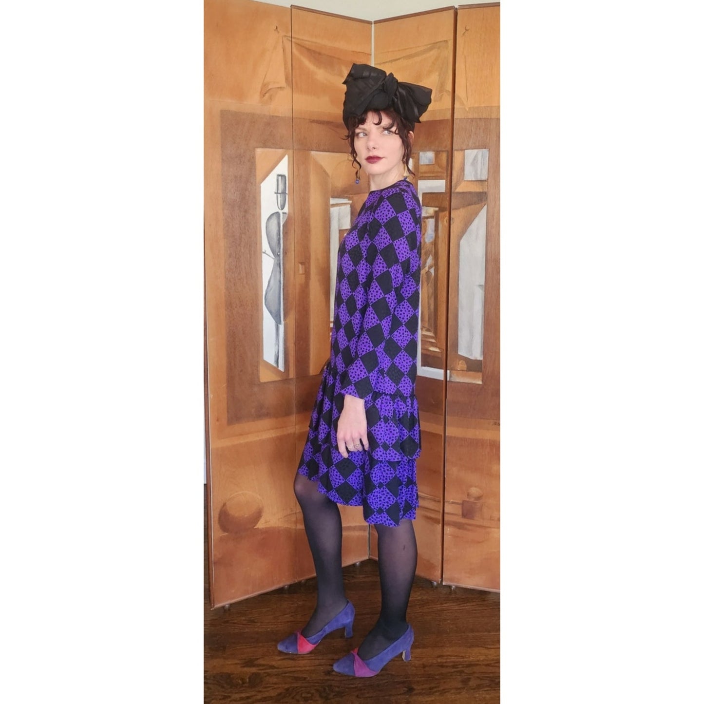 Vintage 1980s GIVENCHY Silkprint Dress Purple Black Harlequin Diamonds Long Sleeved