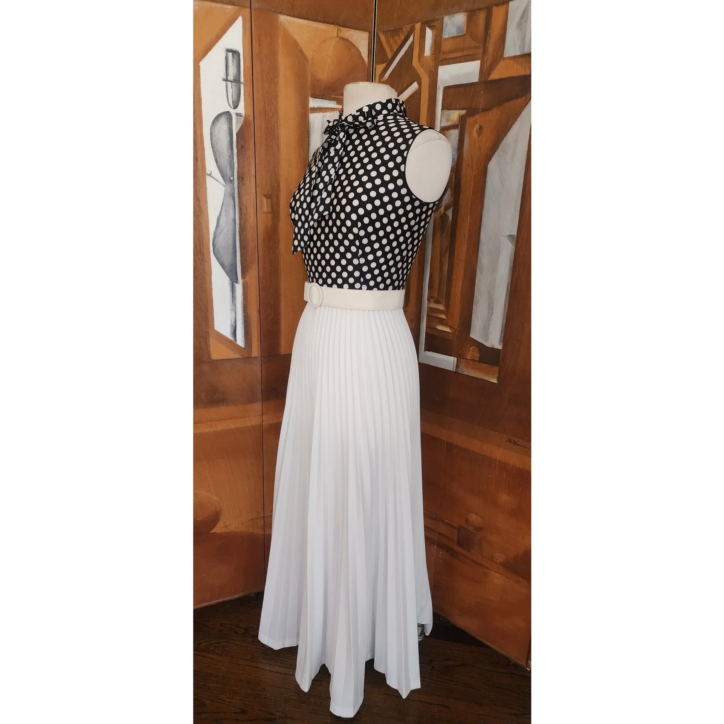 Vintage 1970s Maxi Dress Polkadot Print Pleated Skirt Black White Belted / S