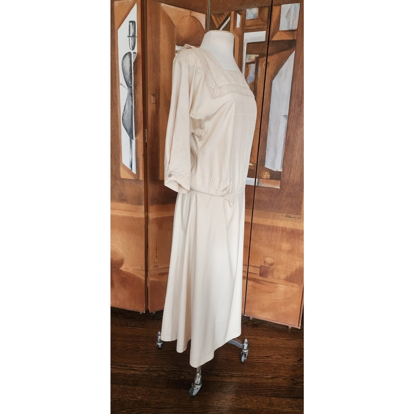 Vintage 1980s Cream Silk Dress Lace Trim Drop Waist Edwardian Style Norma Walters