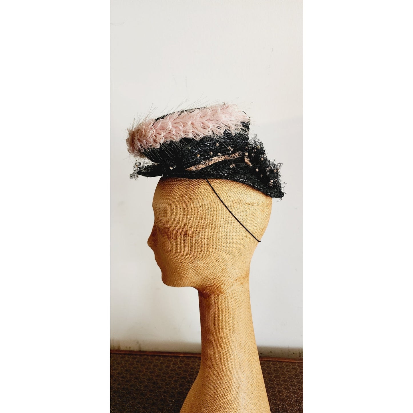 Vintage 1940s Tilt Top Boater Hat Black Straw & Pink Trim