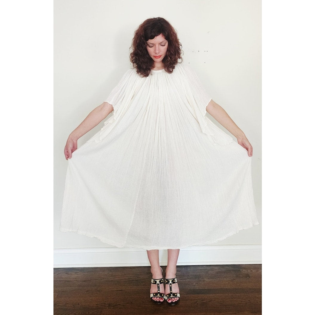 Vintage 1970s Amerikan Climax Tent Dress White Cotton Gauze Angel Butterfly Sleeves