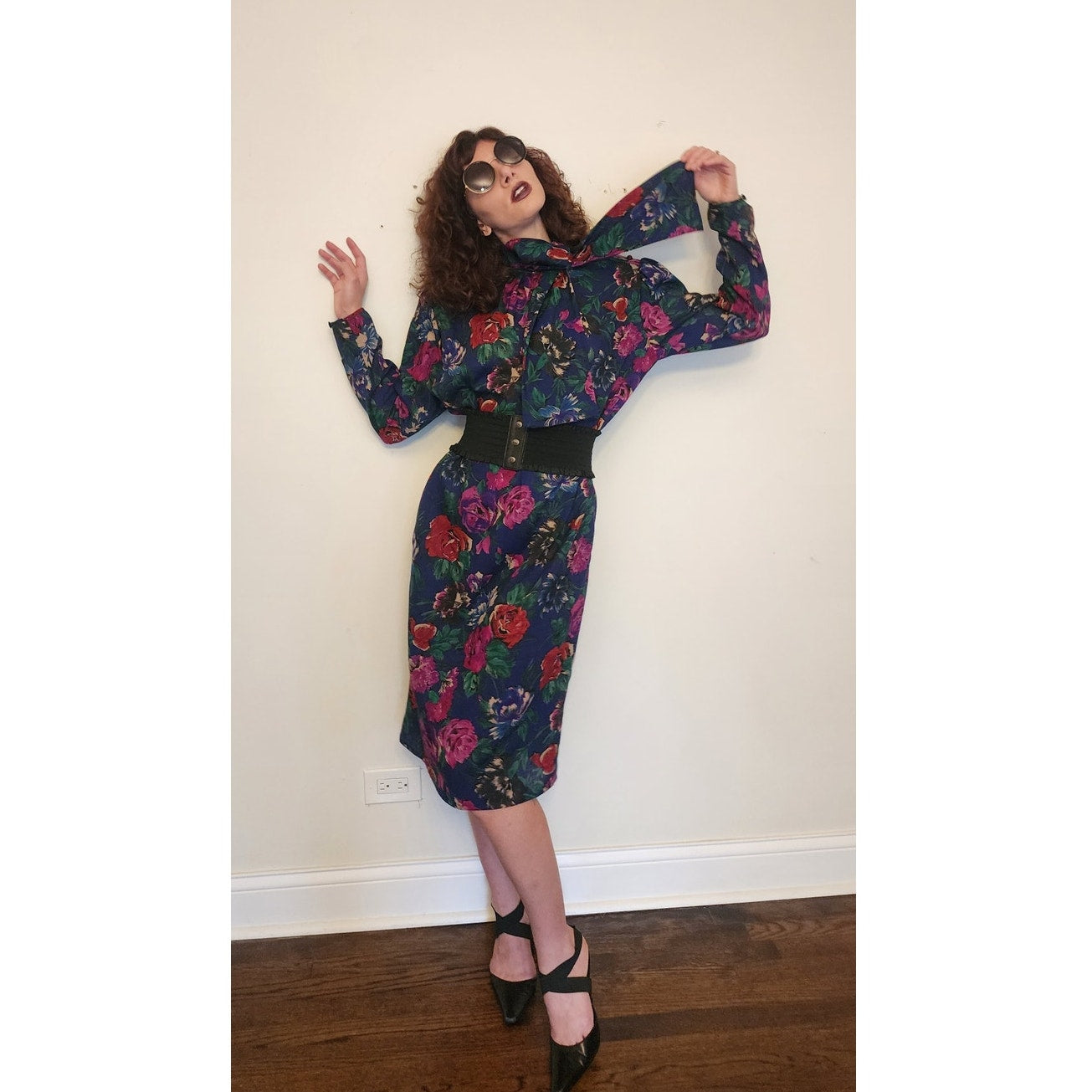 Vintage 1980s UNGARO Sac Dress Dark Floral Print Wool w/Sash Necktie / M