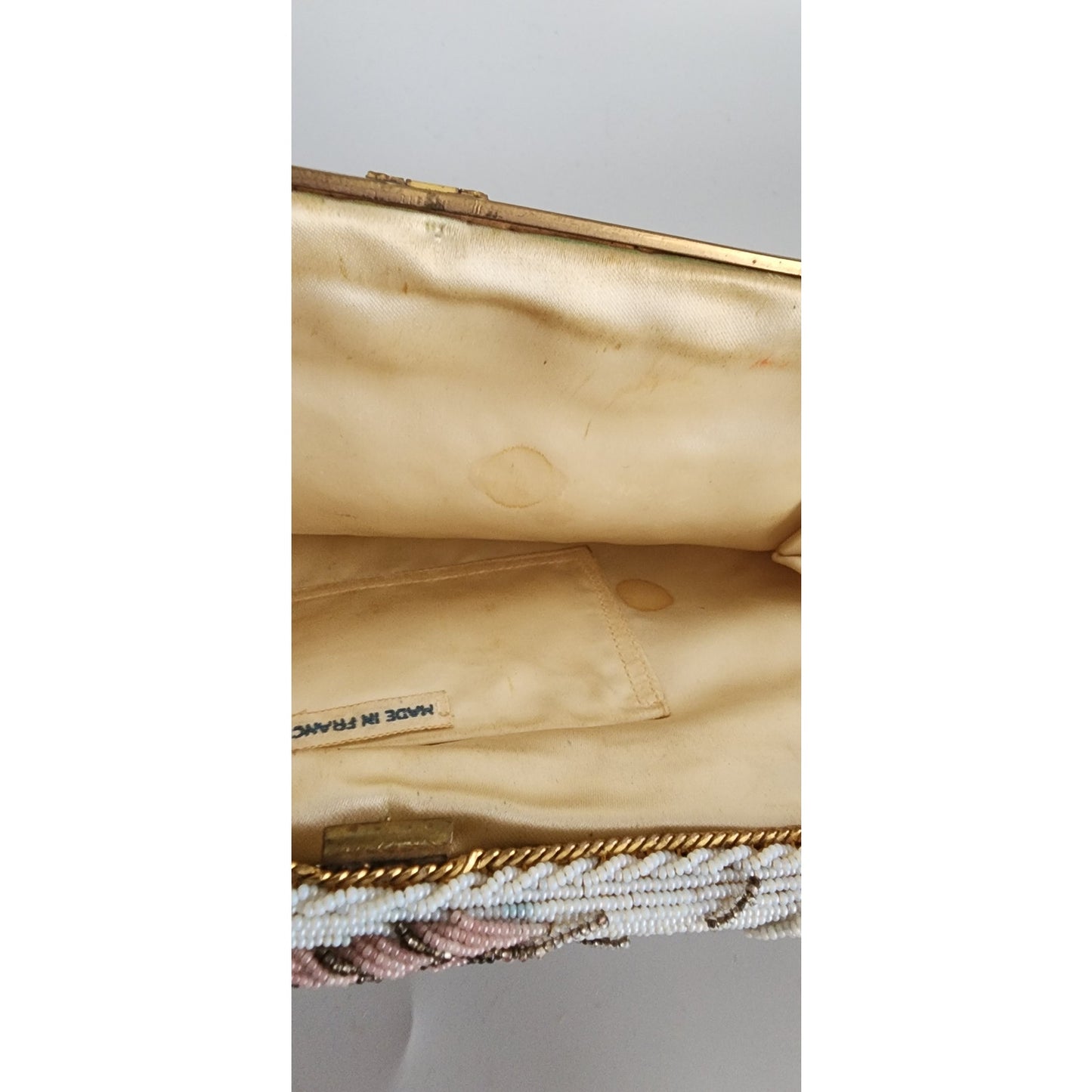 Vintage 50s Evening Bag in White Microbeads France Elaborate Scrollwork Octopus