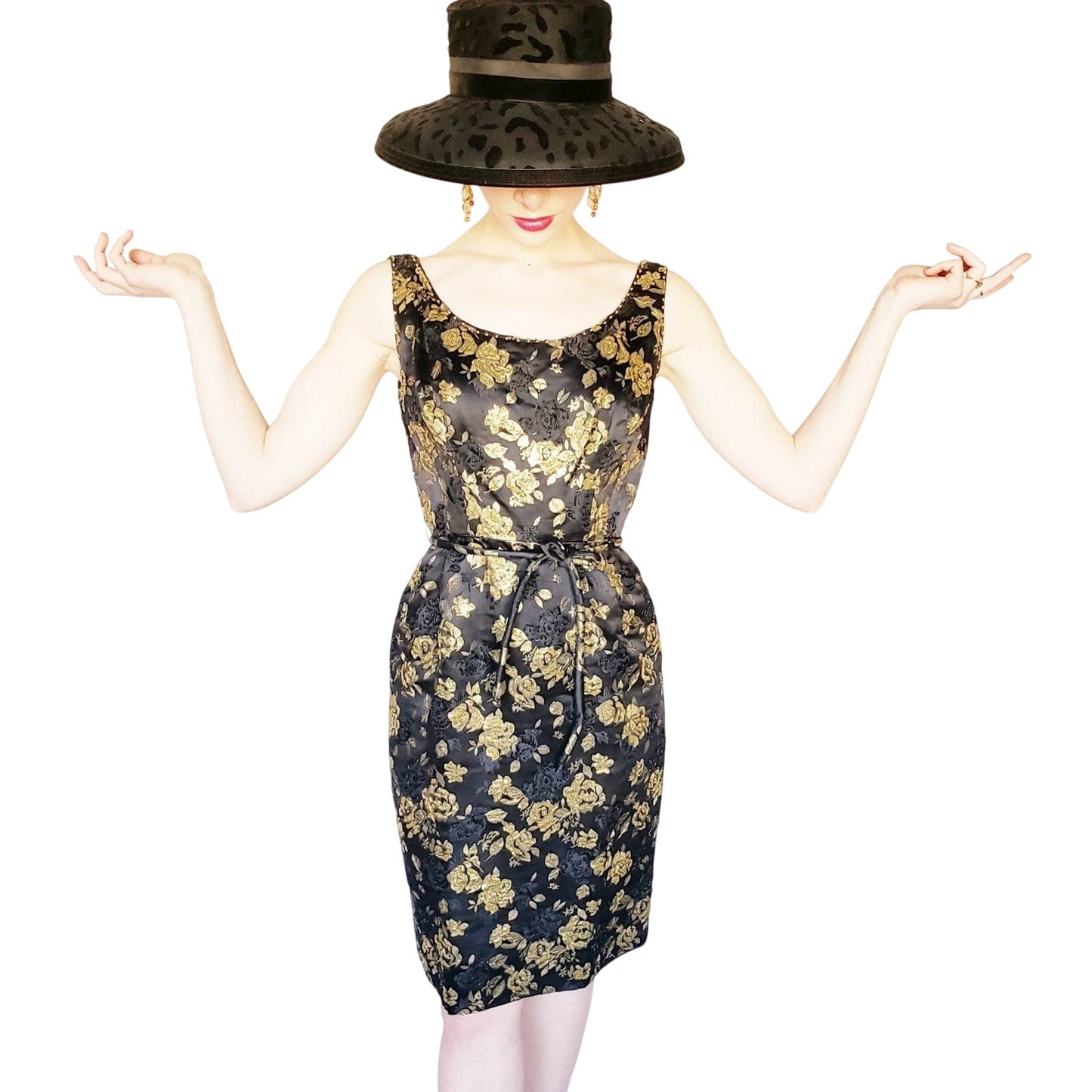 Vintage 1960s Cocktail Dress Black Gold Floral Beaded Brocade Sleeveless Wiggle Party Dress Ornate S