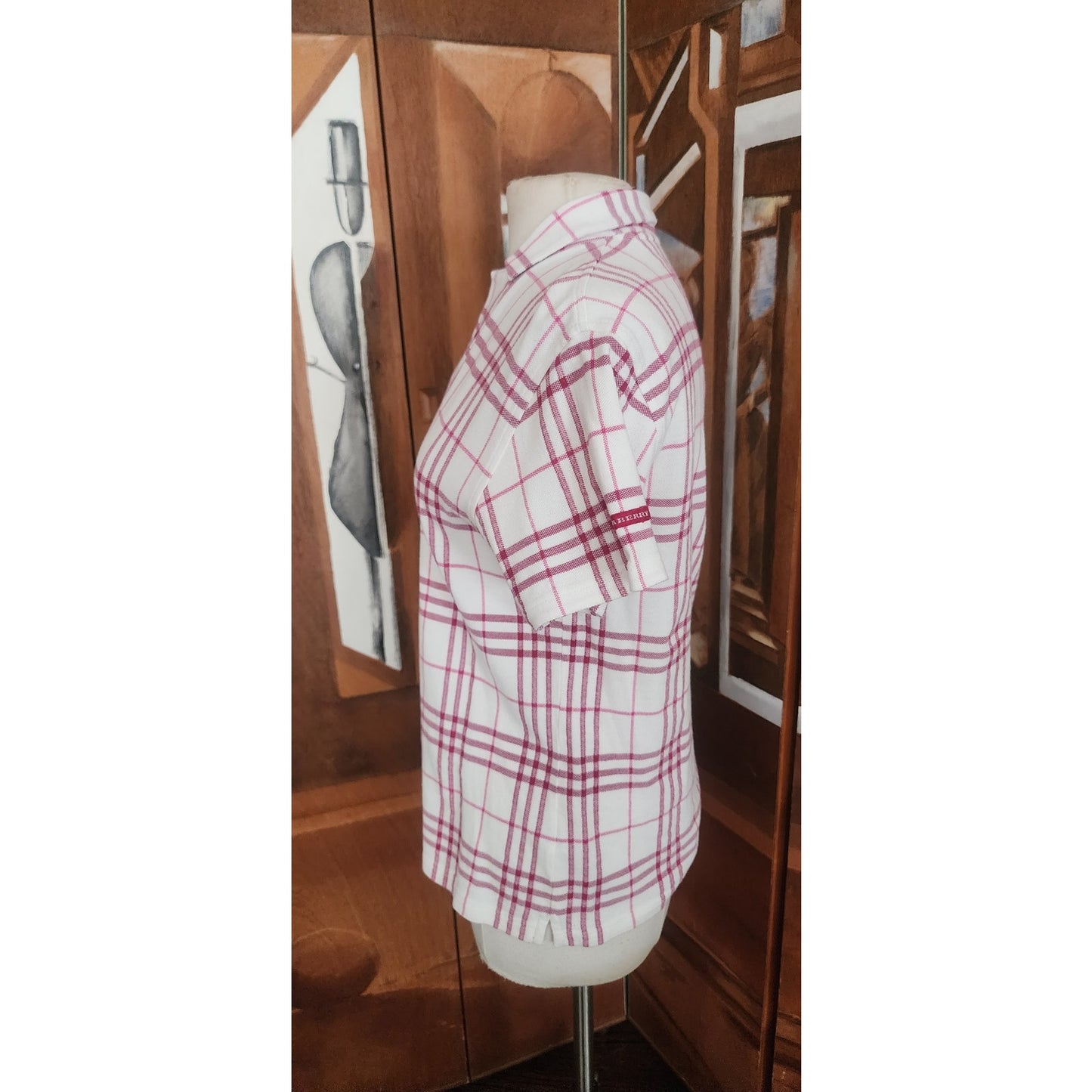 Vintage 2000s Burberry Golf Shirt Polo Top Preppy Plaid V Neck Short Sleeve White Red