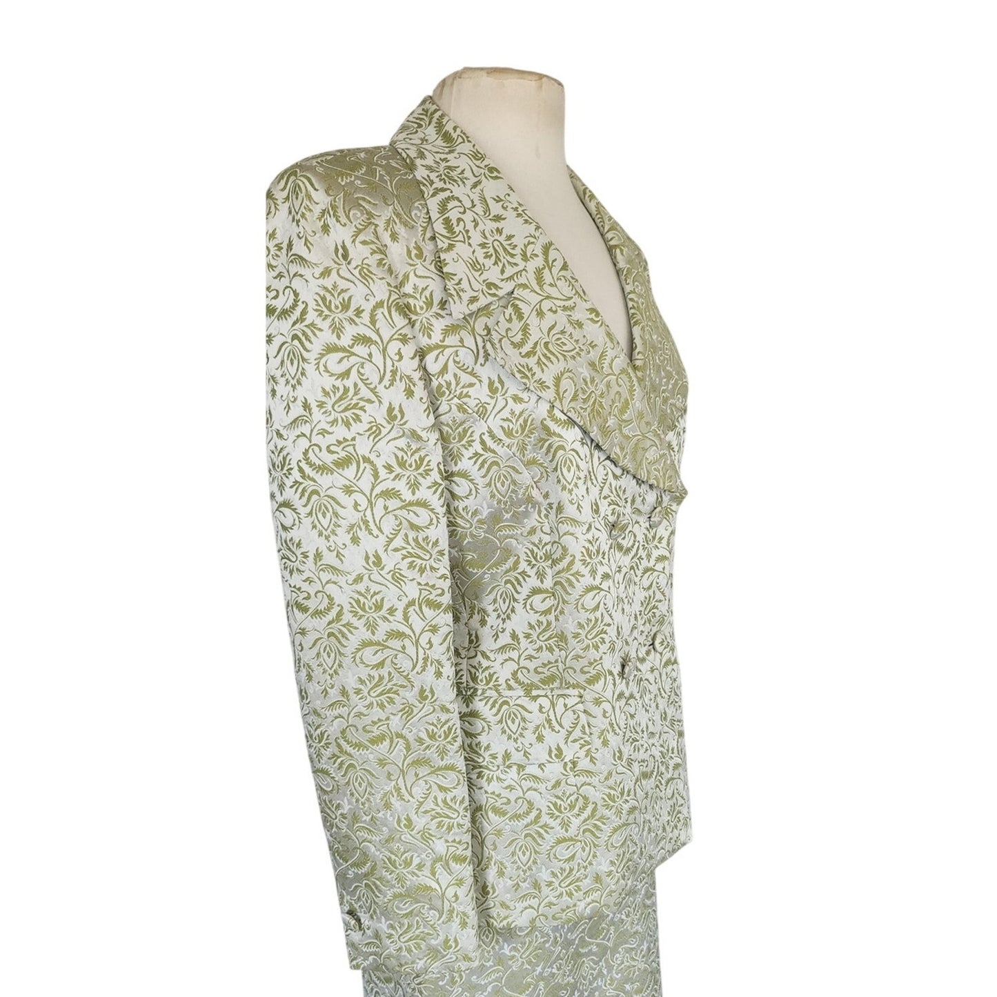Vintage 1980s ESCADA COUTURE Skirt Suit Green Cream Silk Jacquard Leafy Print / L