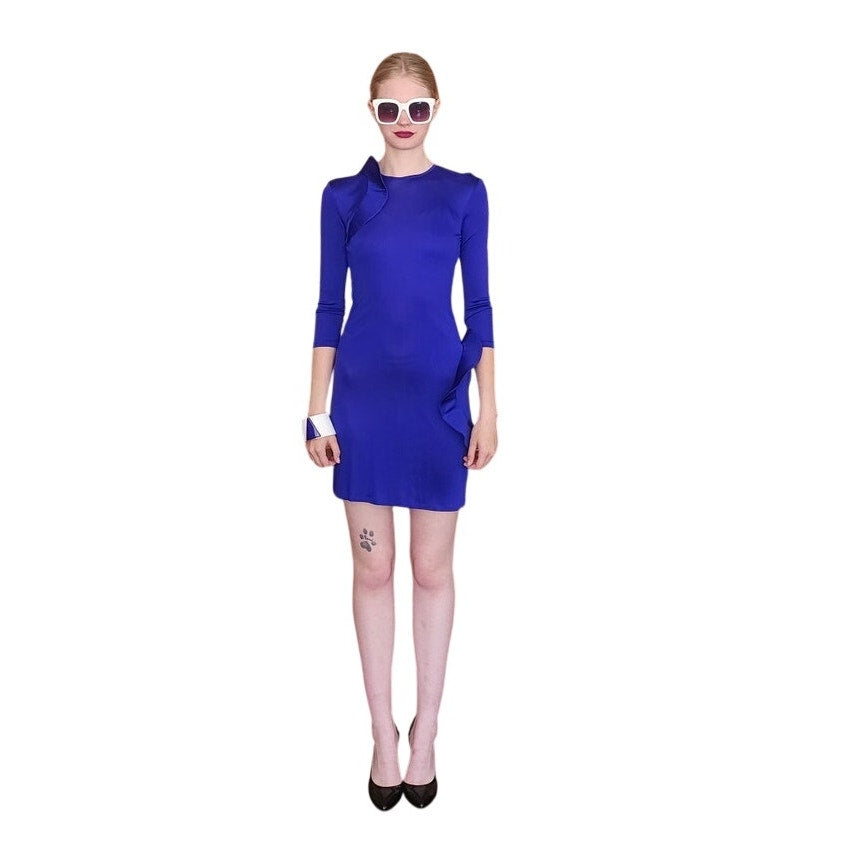 2010  Alexander McQueen Dress Electric Blue Bodycon Sculpted Ruffles Mini Long Sleeve