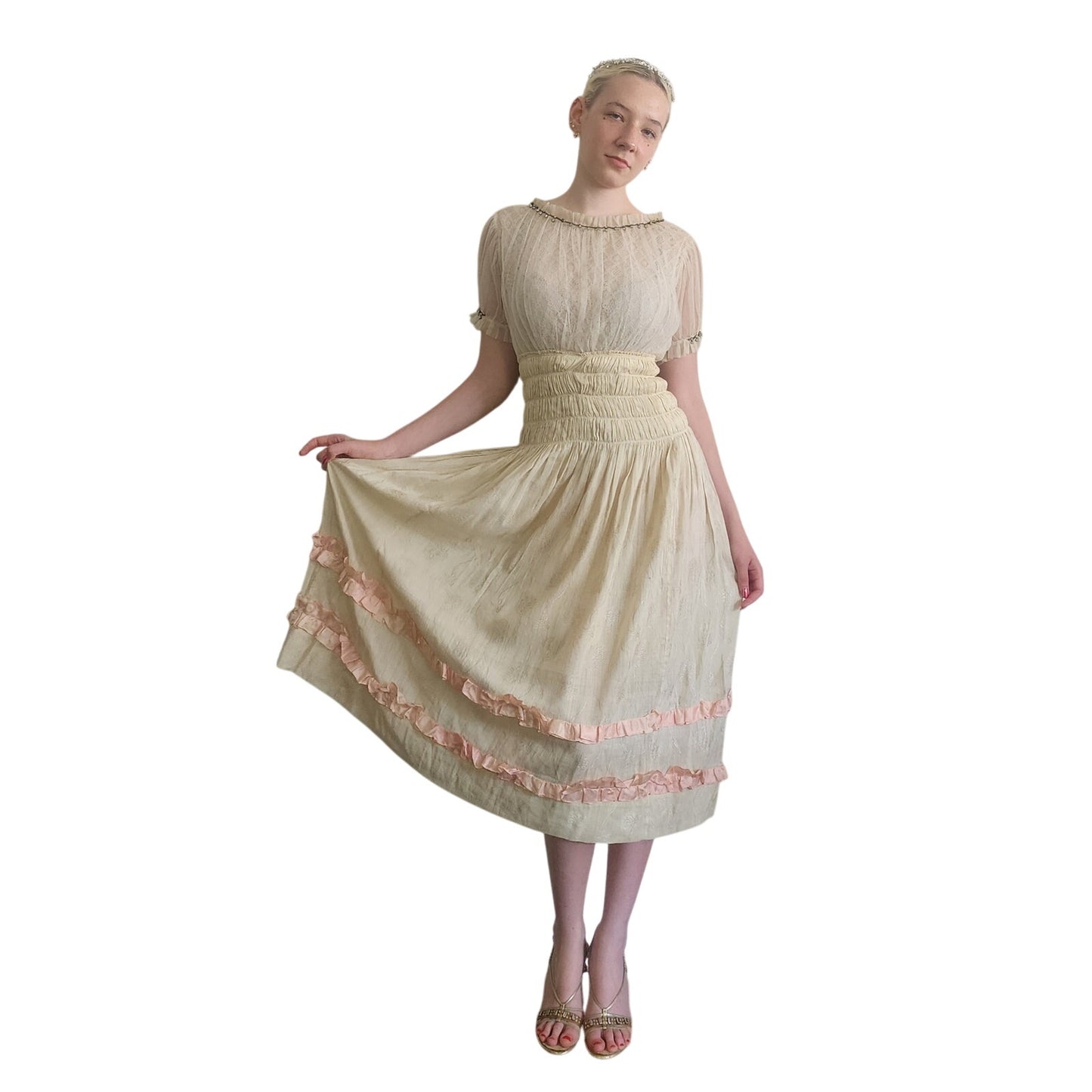 Vintage 1930s Cream Silk Dress Lace & Rhinestone Embroidery