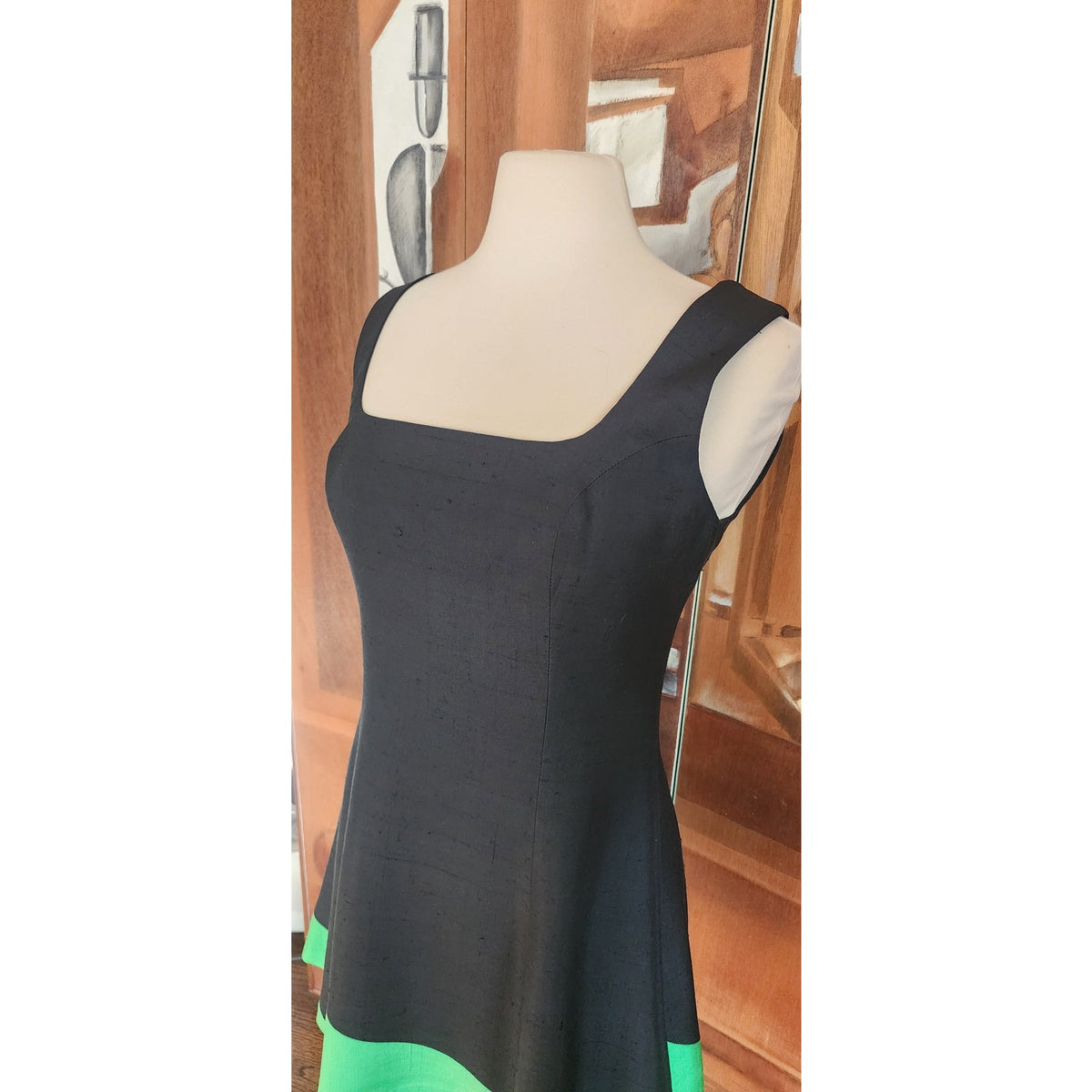 Vintage 1990s Designer Sleeveless Dress Raw Silk Black Green Victoria March Chicago