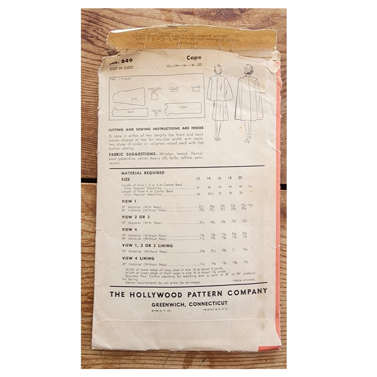 Vintage 40s Sewing Pattern ORIGINAL: Cape Short Long Hollywood Patterns 649