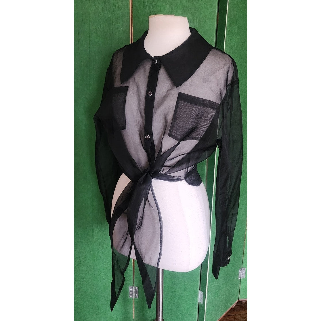 Vintage 90s Designer Blouse Black Sheer Silk Shirt Tie Front Victoria March Chicago
