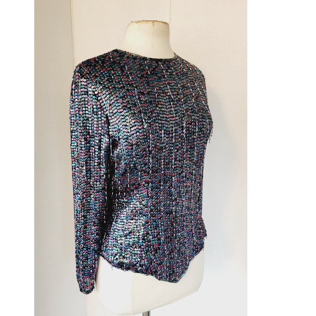 Vintage 80s Sequined Tunic Purple Blue Evening Top by Diva