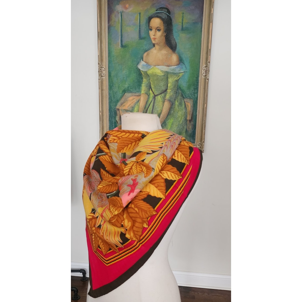 Vintage HERMES Scarf Les Perroquets Cashmere Silk Parrots Birds Orange Yellow Carre Foulard Joachim Metz