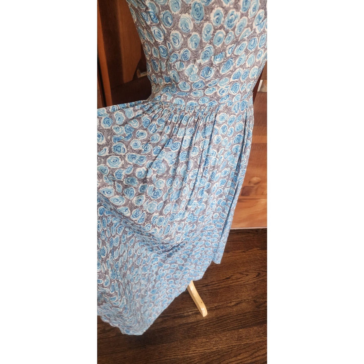 Vintage 1950s Blue Floral Rayon Midi Dress Fit and Flare Short Sleeve / S