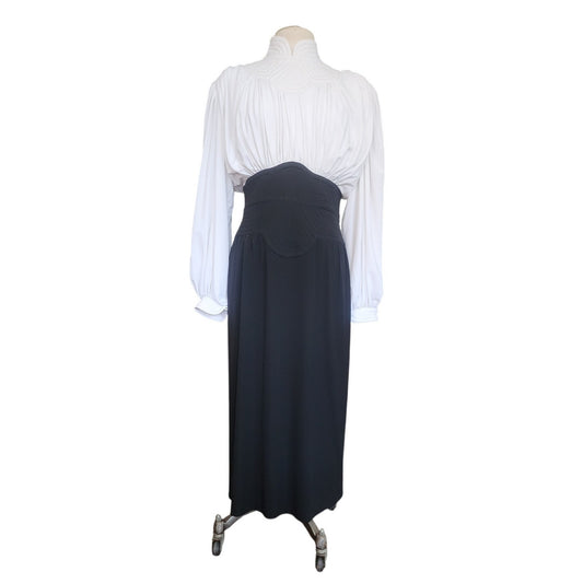Vintage 1980s Neo Edwardian Dress White Ruched Top Black Skirt Long Sleeves / M