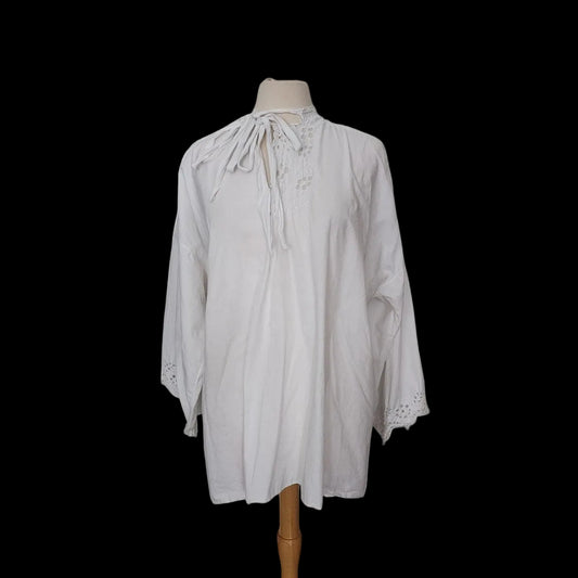 Antique Poet's Blouse / White Cotton Tunic Shirt w/ Embroidered Crochet Lace Sash Tie Neck