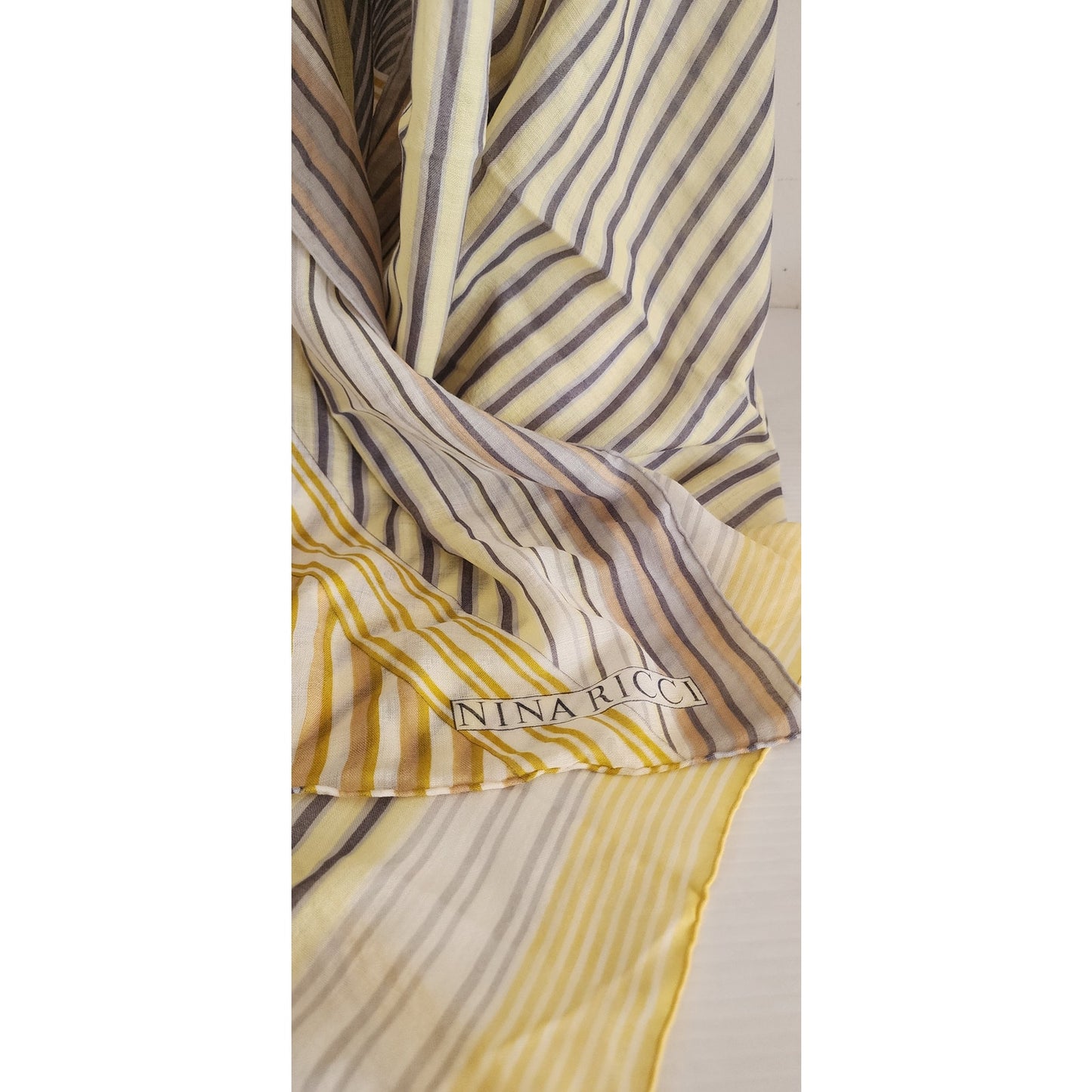 Vintage Nina Ricci Cashmere Silk Scarf Shawl Yellow Gray Stripe