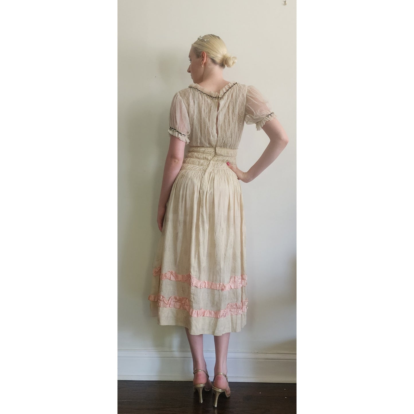 Vintage 1930s Cream Silk Dress Lace & Rhinestone Embroidery