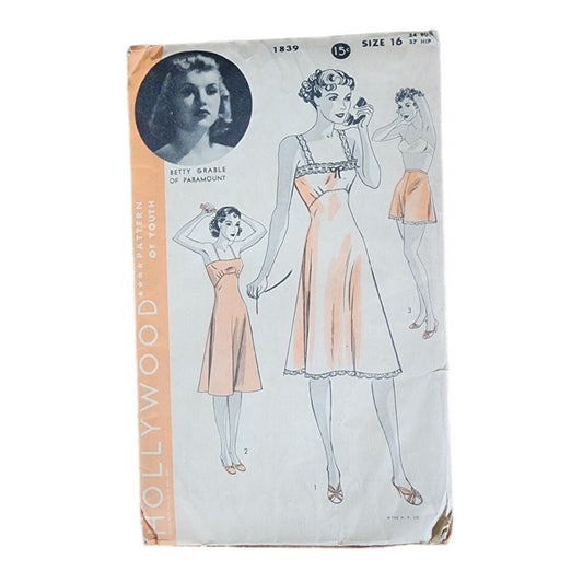 1930s Sewing Pattern: Slip + Pantie Betty Grable Hollywood Pattern of Youth 1839