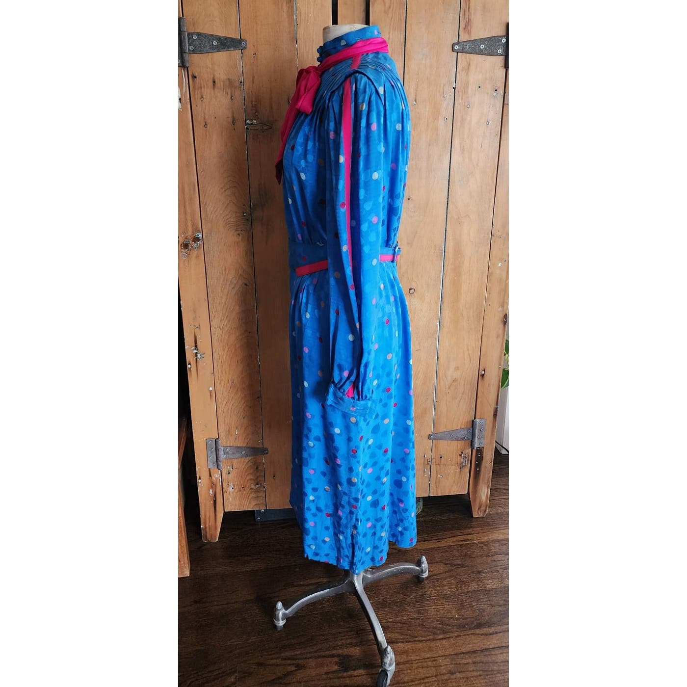 Vintage 80s Blue Silk Dress Polkadot Print Francesca Damon Starington