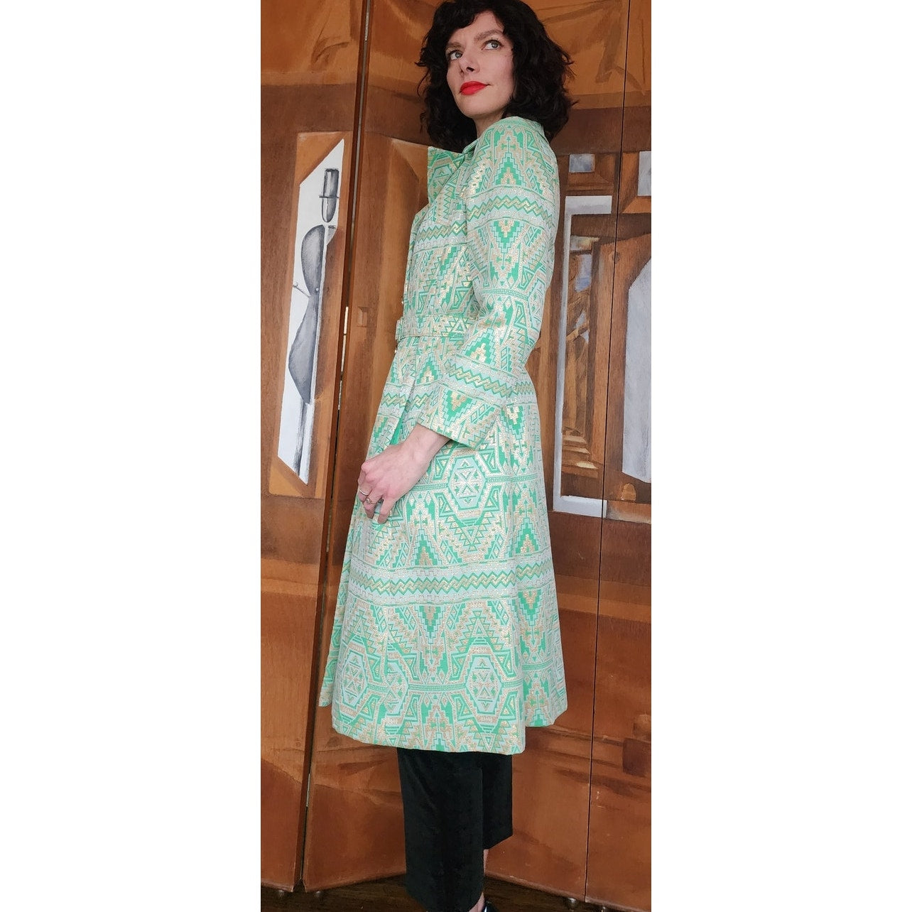 Vintage 60s Geometric Print Green Coat Mod Belted Chas A Stevens Medium