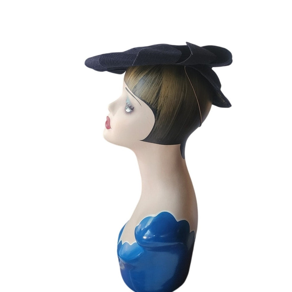Vintage 1930s Tilt Hat Austelle Navy Blue Structured Saucer Modernist Sculpted