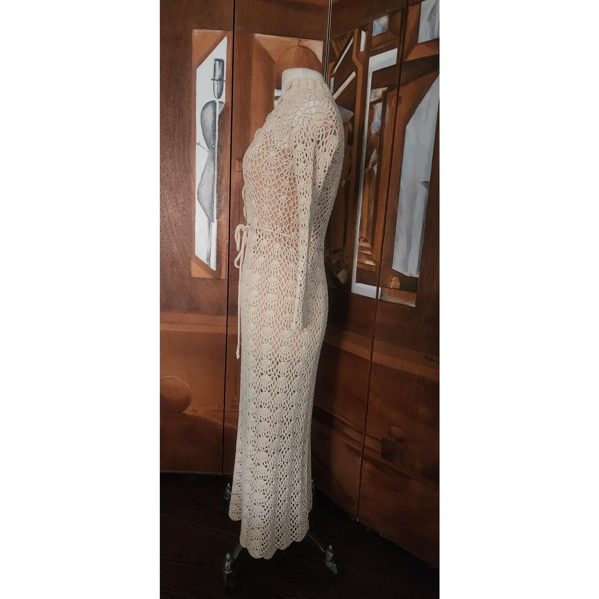 Vintage 1970s Cream Knit Maxi Dress Openwork Crochet Liner Long Sleeved Belted