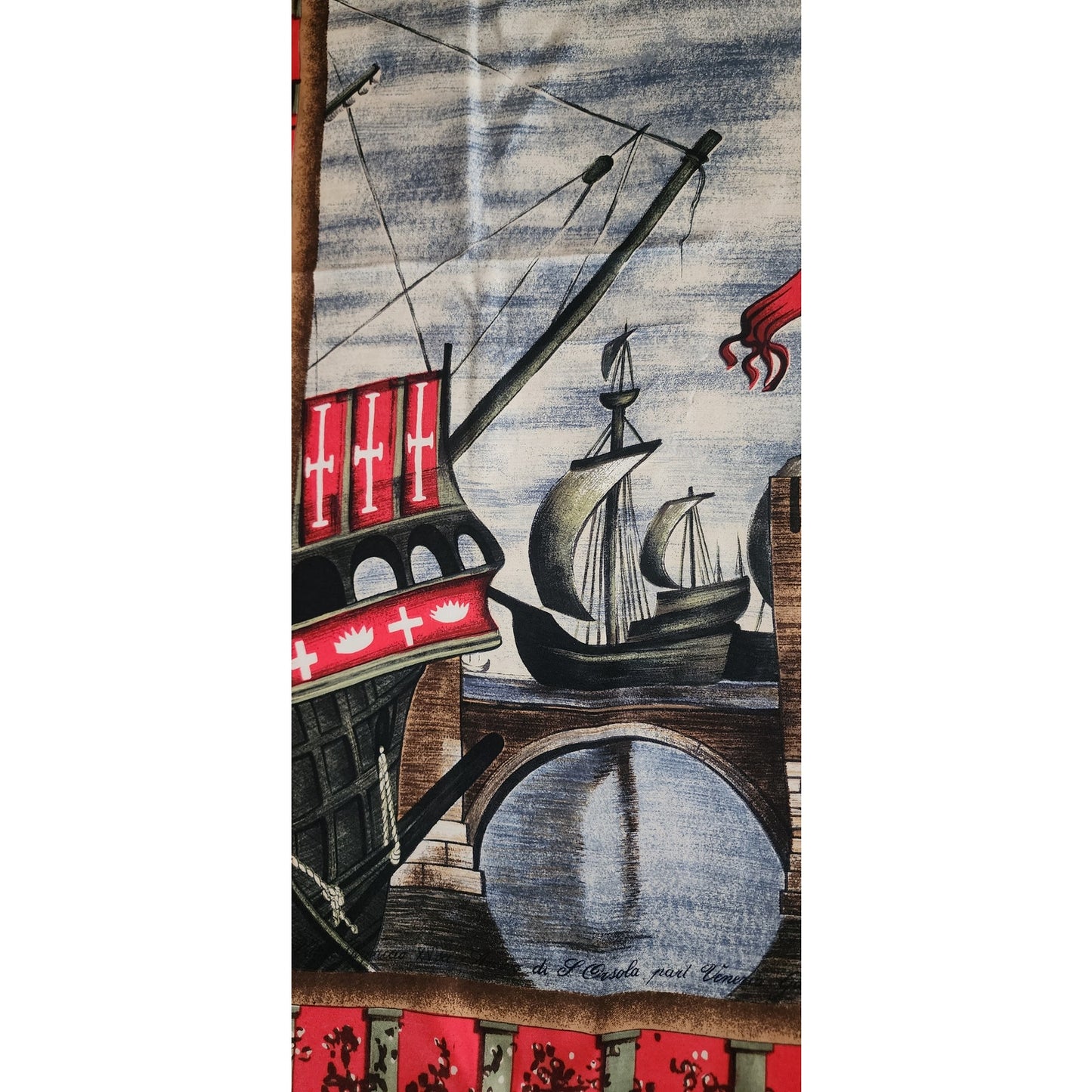 Vintage 40s Silk Scarf Italian Renaissance Painting Venice Port Ships Carpaccio Marshall Field