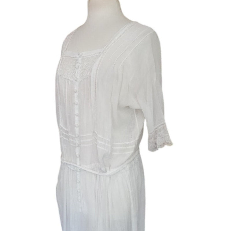 Antique 1910s White Lingerie Tea Dress Lawn Gown Crochet Lace Embroidery Drop Waist L