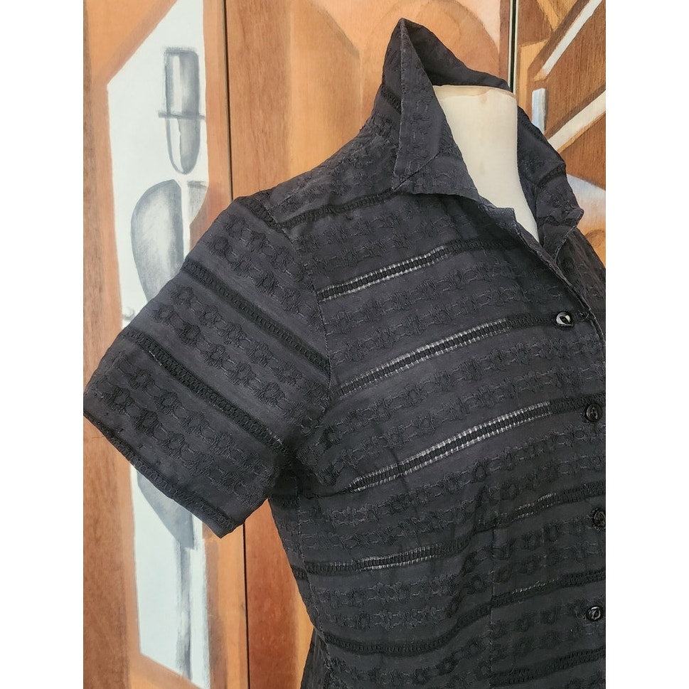 Vintage 50s Black Shirtwaist Day Dress Short Sleeve Textured Stripe Kay Whitney