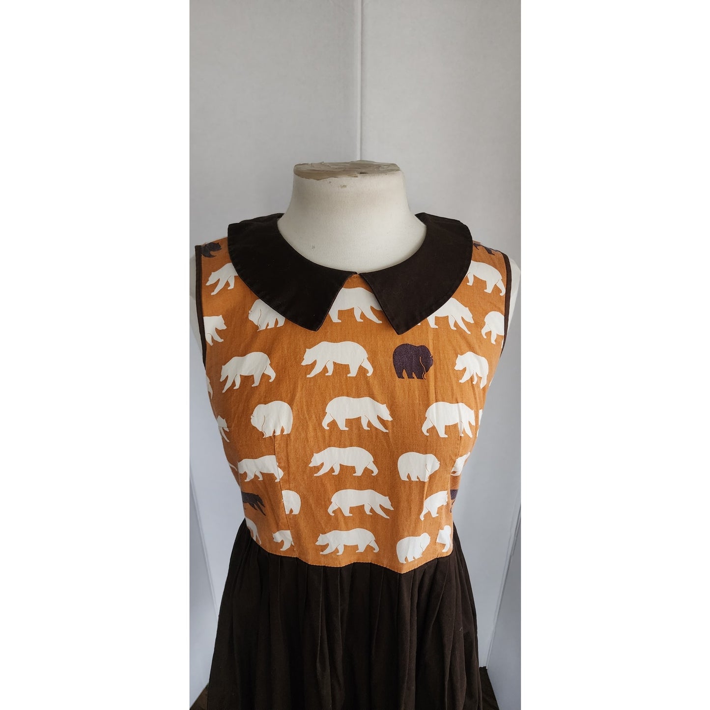 Retro Style Summer Dress Bears Pattern Cotton Print Peter Pan Collar