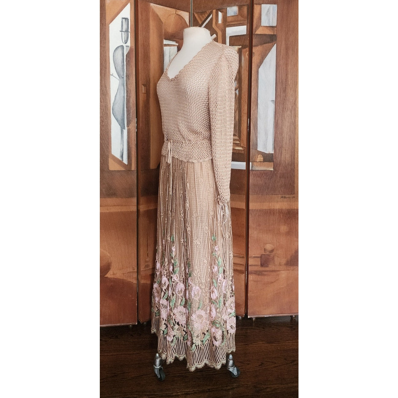 Vintage 1970s Jayna New York Dress Set Knit Crochet Top + Skirt Beige Lace Embroidery
