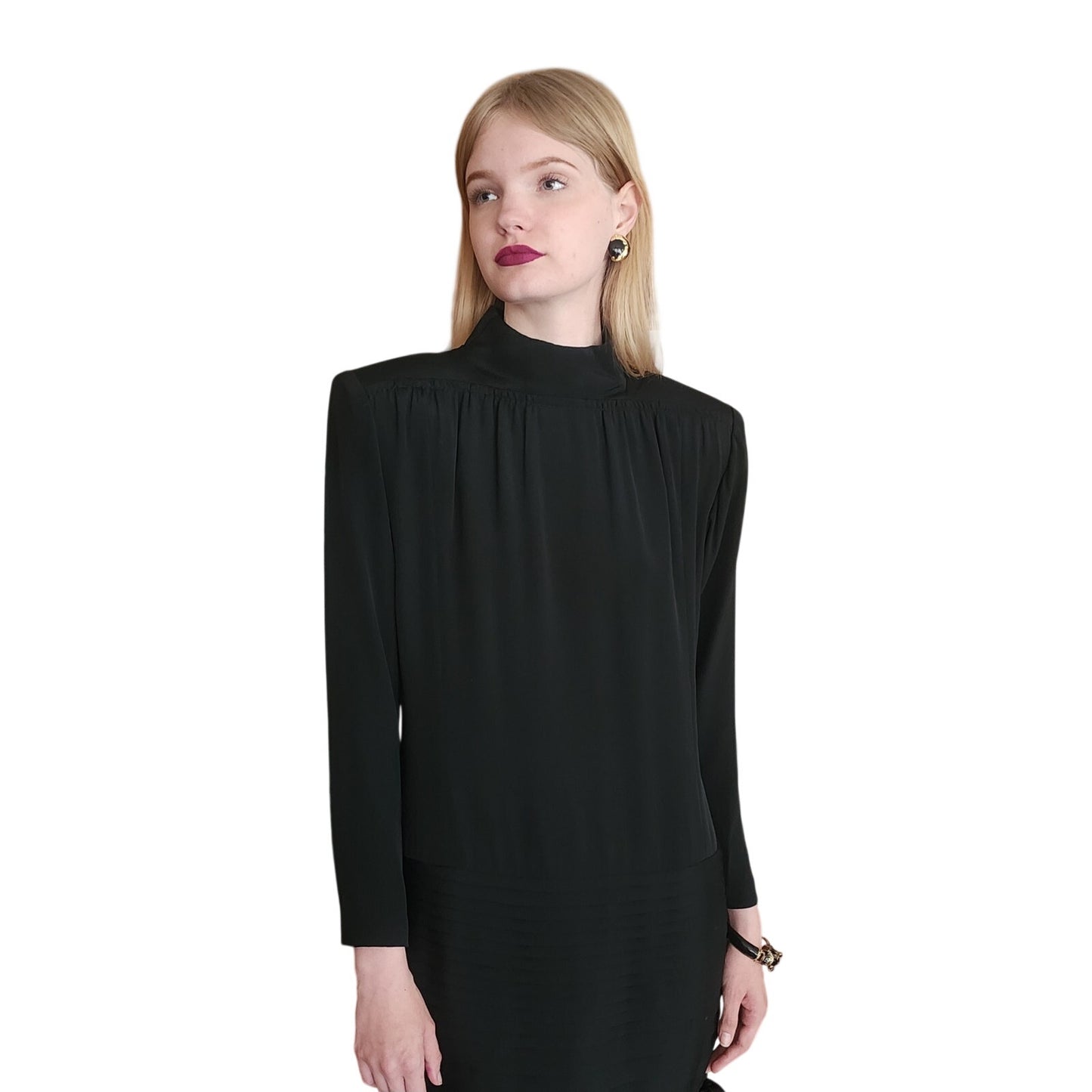 Vintage 1980s Galanos Dress Black Silk Crepe Mock Neck Pintuck Skirt Ruffle Hem