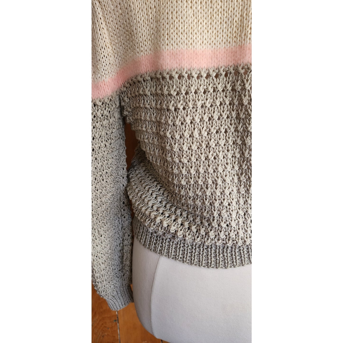 Vintage 80s Sweater Gray Pink Handknit Cardigan Acrylic Angora by Signatures