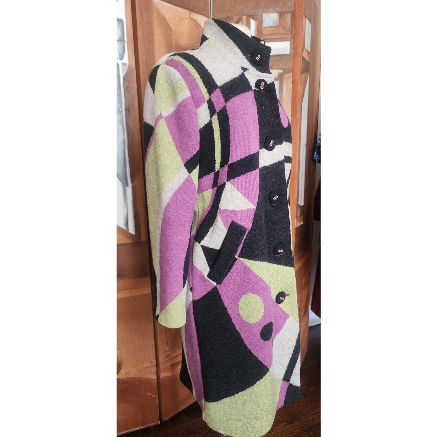 Vintage 90s Geiger Austria Boiled Wool Coat Abstract Geometric Mosaic