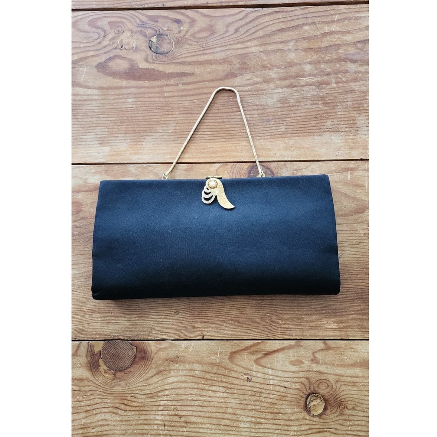 Vintage 50s Evening Bag Black Silk Clutch w/Gold Rhinestone Clasp