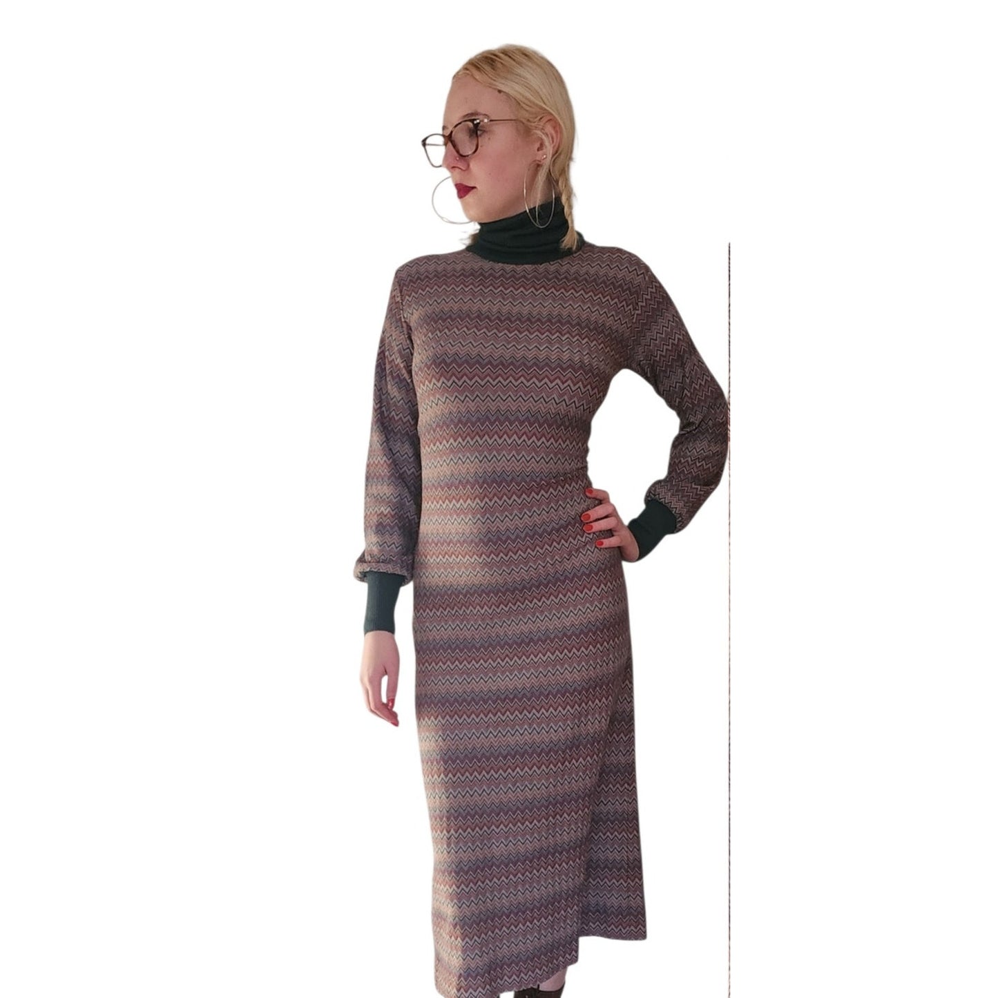 Vintage 1970s MISSONI Knit Dress Long Sleeved Turtleneck Zigzag Pattern