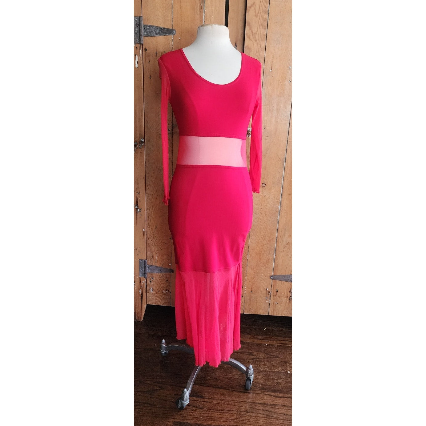 Vintage 90s Red Party Dress Long Bodycon Sheer Panels / Halla / S