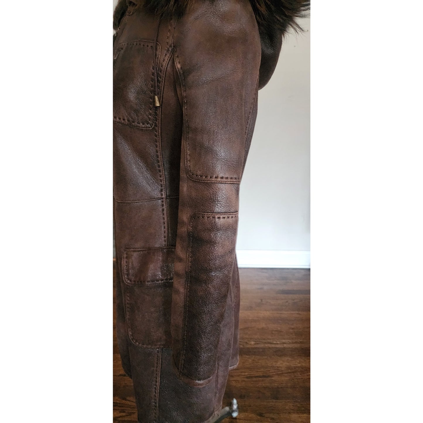 Vintage 2000s Brown Leather Parka Coat w/Fur Lined Hood & Shearling Liner Fitted S