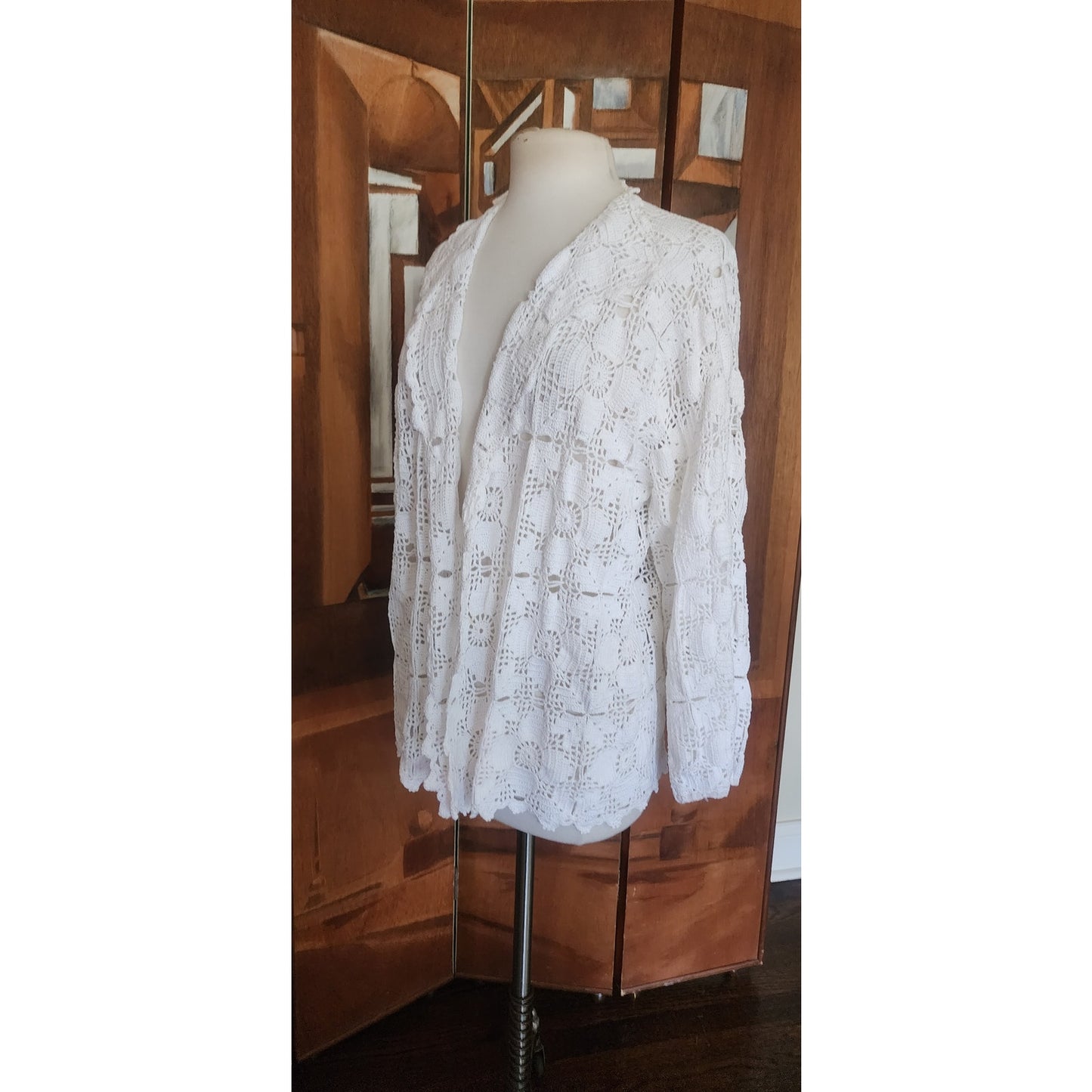 Vintage Crochet Blazer White Openwork Knit Cardigan Jacket w/Collar