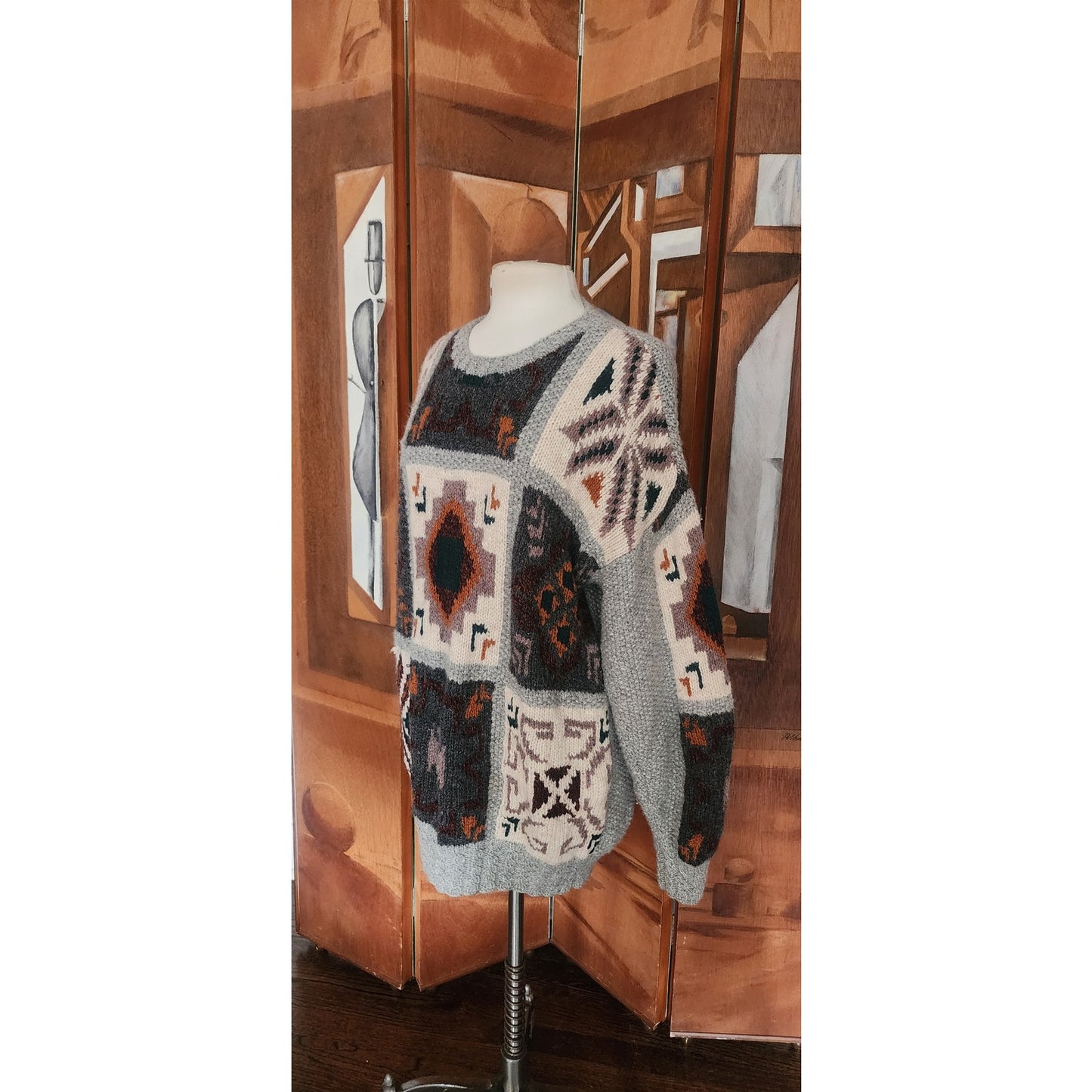 Vintage 1990s Lord & Taylor Ski Sweater Southwestern Geometric Intarsia Gray Wool