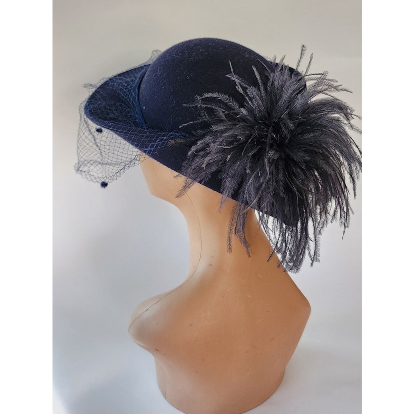Vintage 70s Navy Blue Wool Hat w/Ostrich Feither & Dotted Veil Georgi