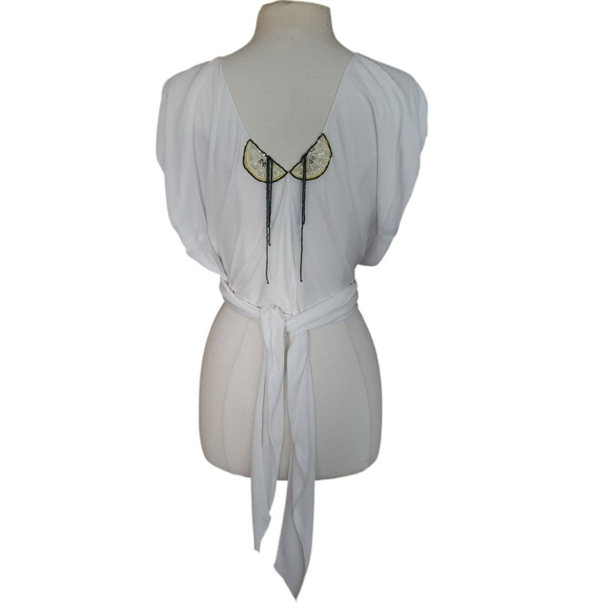 Vintage 1980s Holly Harp Top or Tunic Silk Jersey Embroidered Fruit Sequins Beaded Fringe