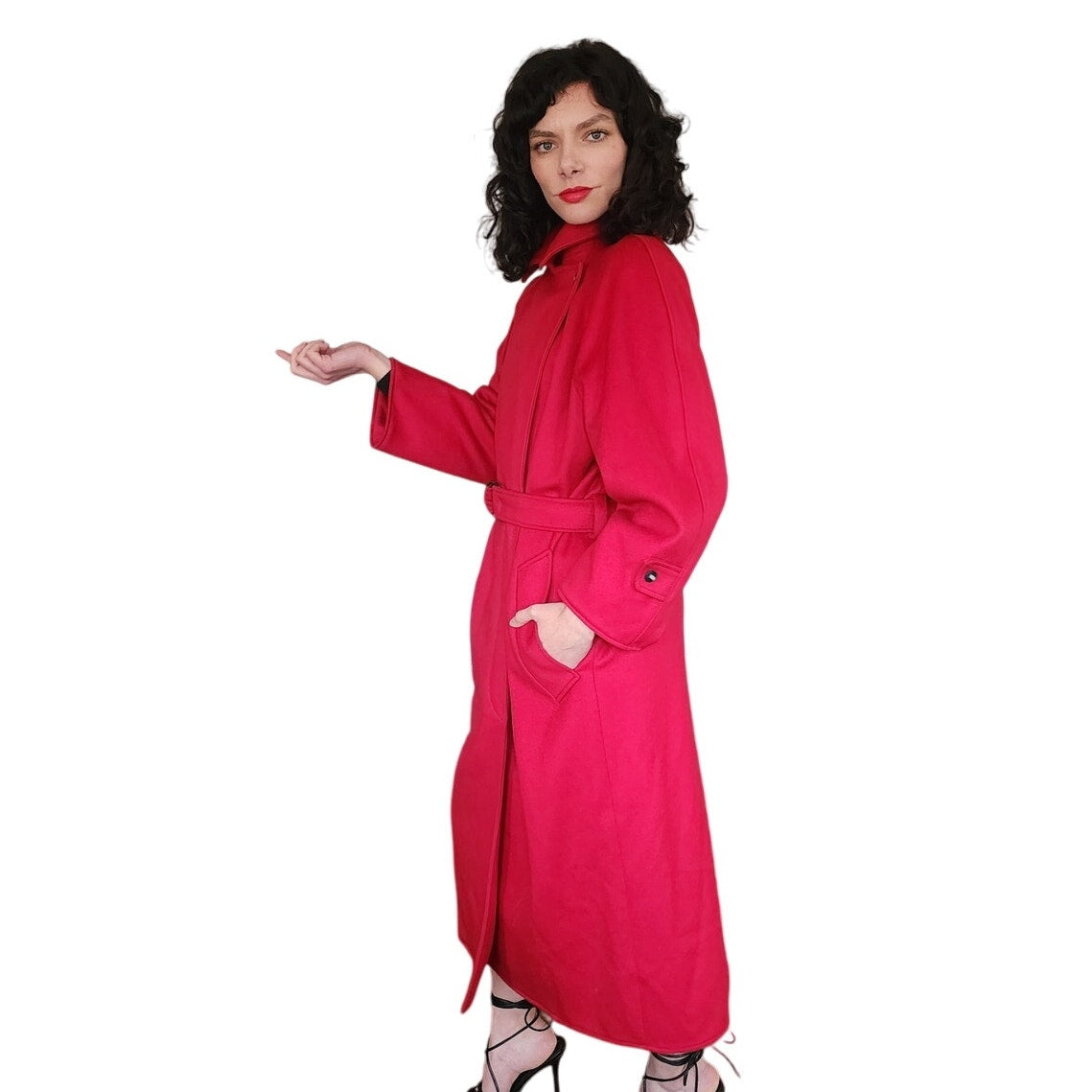 Vintage 1980s Red Wool Coat Long w/Belt Ramosport Paris