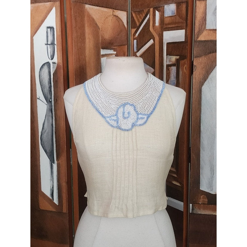 80s Krizia Top Cream Flax Linen Sleeveless Beaded Blue Rose Peter Pan Collar