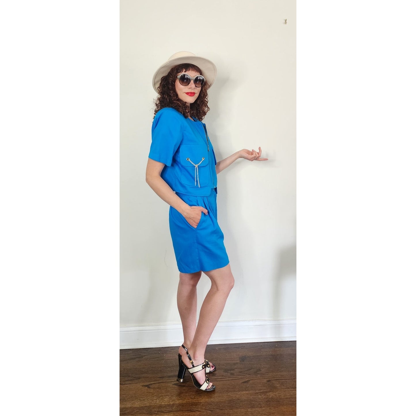 Vintage 90s Blue Jacket + Shorts Set w/Gold Chain Tassels by Oscar & Me Medium