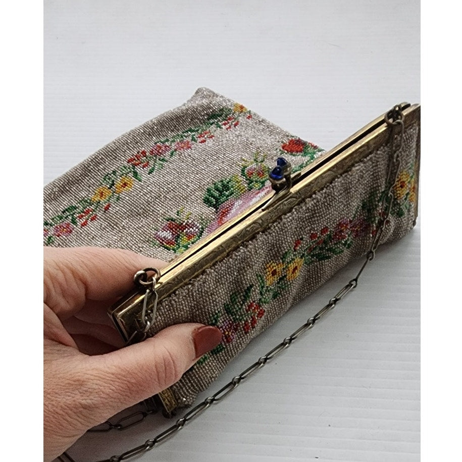 Antique 20s Beaded Bag Floral Pattern Art Nouveau